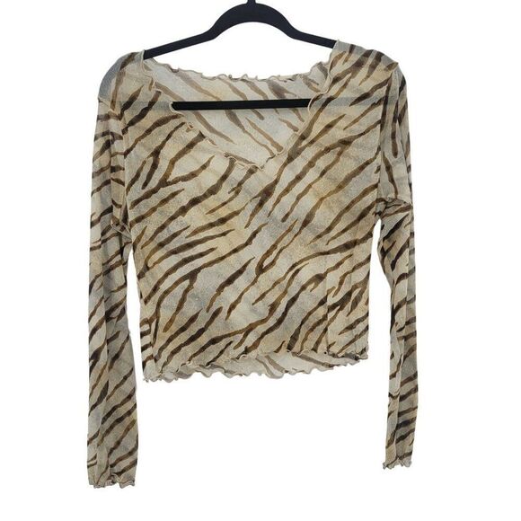 Vintage Y2K Sheer Zebra Print Long Sleeve Top M Brown Stretch Tattoo Baddie Club - Picture 1 of 9